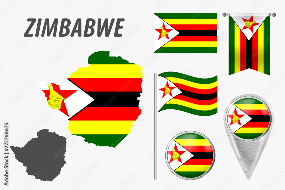 Zimbabwe. Collection of symbols in colors national flag on various ...