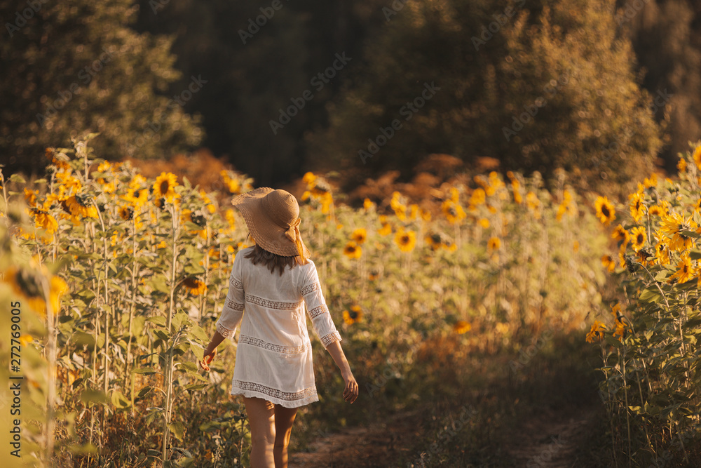 Young woman in white dress and hat goes on the road to the sunset field. Summer vacation concept, recreation in the countryside, nature beauty, gardening. Young woman in white dress and hat goes on the road to the sunset field. Summer vacation concept, recreation in the countryside, nature beauty, gardening.