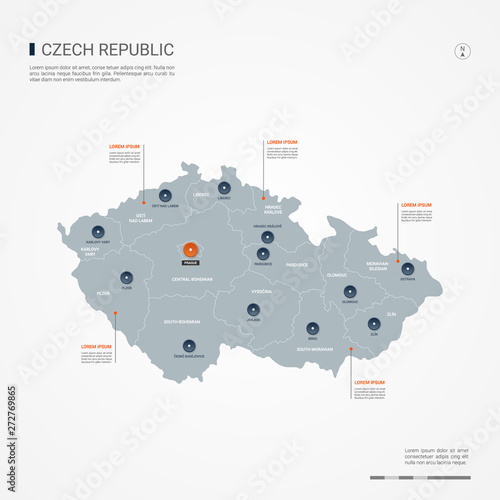 Billede på lærred Czech Republic map with borders, cities, capital and administrative divisions