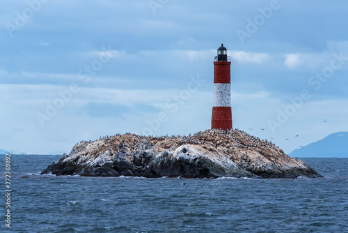 Les Eclaireurs lighthouse island in the middle of the Beagle Channel, close to Ushuaia city in Argentina. Tierra del Fuego Island, Patagonia.