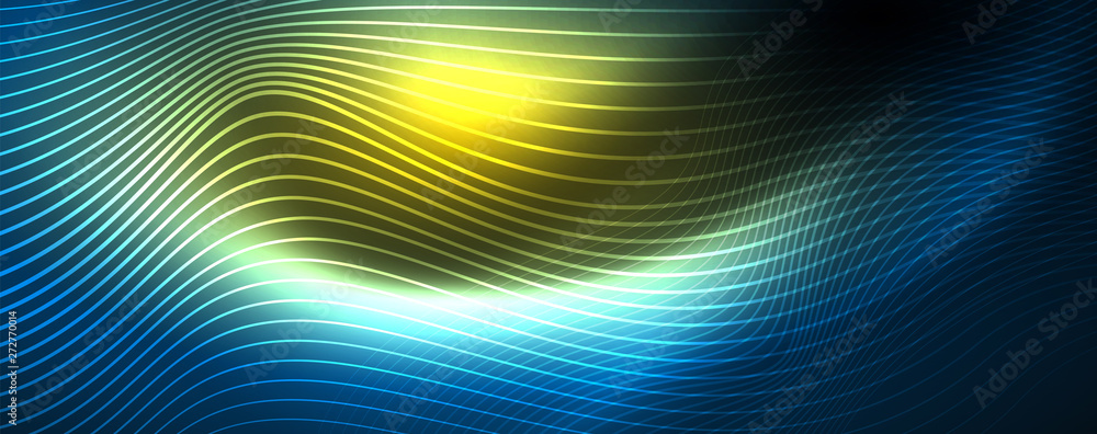 Smooth wave lines on blue neon color light background. Glowing abstract wave on dark, shiny motion, magic space light Smooth wave lines on blue neon color light background. Glowing abstract wave on dark, shiny motion, magic space light