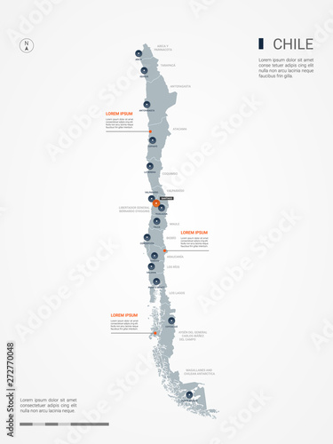 Chile map with borders, cities, capital and administrative divisions. Infographic vector map. Editable layers clearly labeled.