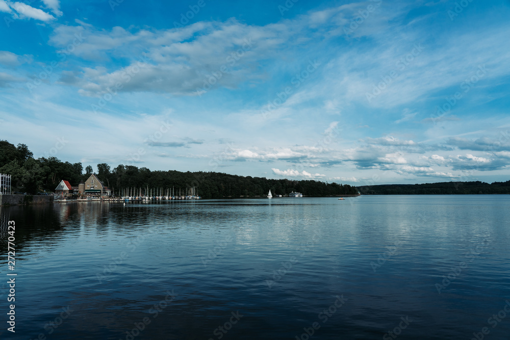 panoramic view of lake and blue sky