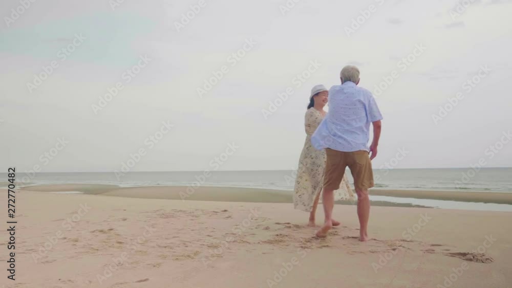 Happy senior couple having fun dancing on the beach