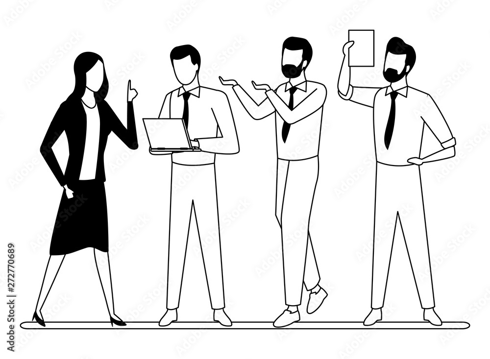 Business coworkers with office supplies in black and white Business coworkers with office supplies in black and white