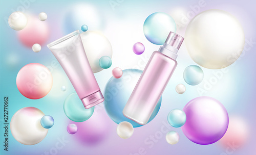 Cosmetics bottles mock up, beauty cosmetics tubes with pump and cap on rainbow defocused background with flying soap bubbles or spheres. Cream, lotion, serum, baby oil Realistic 3d vector illustration