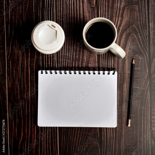 Coffee break, ideas, notes, goals or plan writing concept. Top view, flat lay. photo