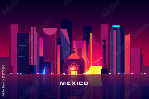 Mexico city skyline, neon illumination. Night cityscape architecture background, modern megapolis, glowing skyscrapers and famous angel landmark monument near waterfront Cartoon vector illustration