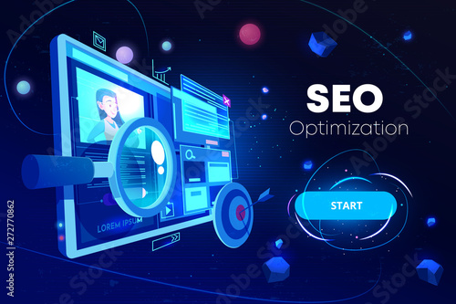 Seo optimization banner, marketing business technology, monitor with data analysis platform on screen, website research, neon glowing futuristic background. Cartoon vector illustration, landing page