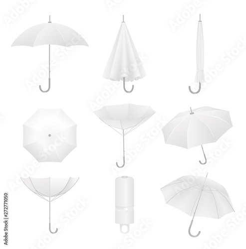 White  umbrellas set. Isolated on white background. Realistic umbrella or parasol in different positions, vector illustration. 