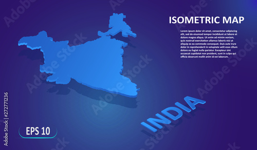 Isometric map of the INDIA. Stylized flat map of the country on blue background. Modern isometric 3d location map with place for text or description. 3D concept for infographic. EPS 10