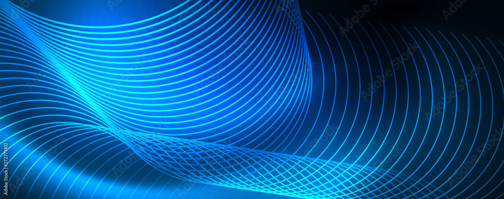 Trendy neon blue abstract design with waves and circles. Neon light glowing effect. Abstract digital background. Trendy neon blue abstract design with waves and circles. Neon light glowing effect. Abstract digital background.