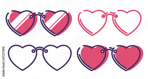Set of Heart shaped sunglasses line icon for web design isolated on white background. Flat style lineart illustration