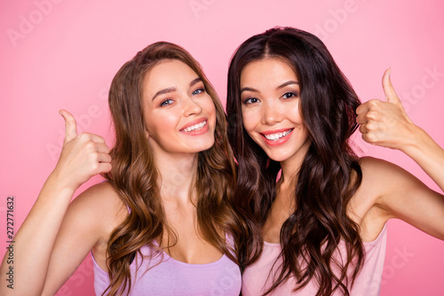 Close up photo of positive cheerful content youth have weekend summer advertise adverts advise choice decision sale news option wavy curly long haircut modern outfit isolated colorful background
