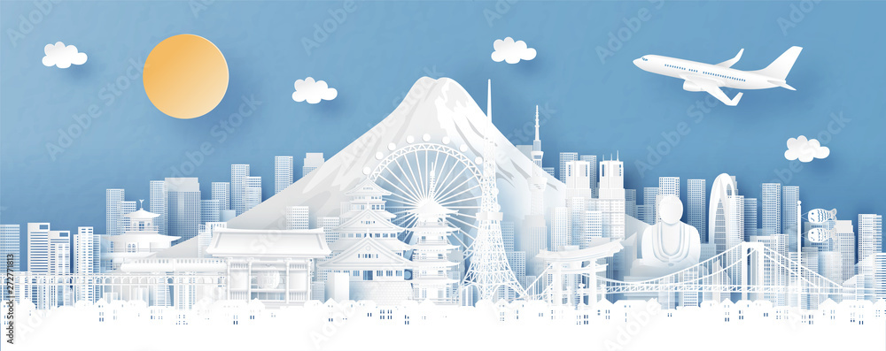 Panorama view of Japan and city skyline with world famous landmarks in paper cut style vector illustration