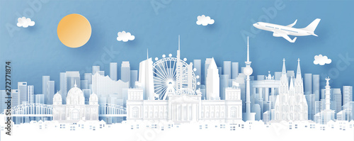 Panorama view of Germany and city skyline with world famous landmarks in paper cut style vector illustration