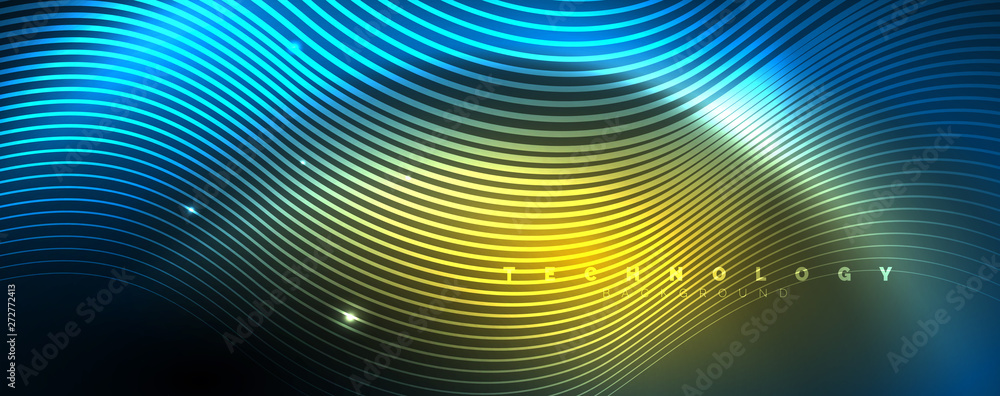 Trendy neon blue abstract design with waves and circles. Neon light glowing effect. Abstract digital background. Trendy neon blue abstract design with waves and circles. Neon light glowing effect. Abstract digital background.