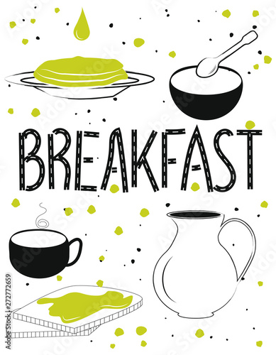 Cup of coffee, bread with honey, muesli bowl, pancakes, porcelain pitcher. Breakfast 