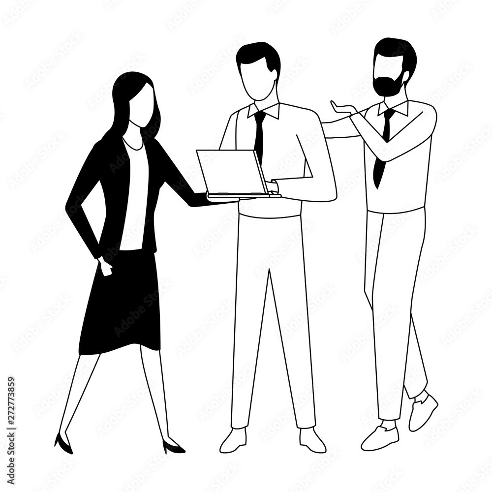 Business coworkers with office supplies in black and white Business coworkers with office supplies in black and white