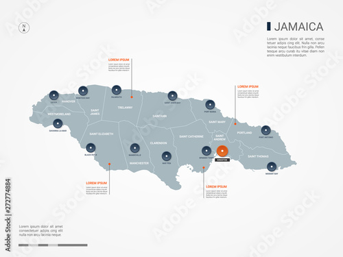 Jamaica map with borders, cities, capital and administrative divisions. Infographic vector map. Editable layers clearly labeled.