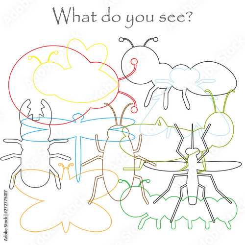 Find hidden objects on the picture, insects theme, mishmash contour set, fun education game for kids, preschool activity for children, vector illustration