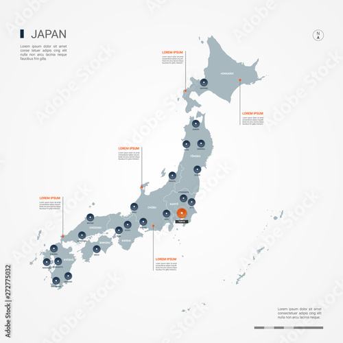 Japan map with borders, cities, capital and administrative divisions. Infographic vector map. Editable layers clearly labeled.