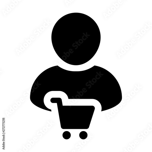 Basket icon vector with male customer person profile avatar symbol for shopping in Glyph Pictogram illustration