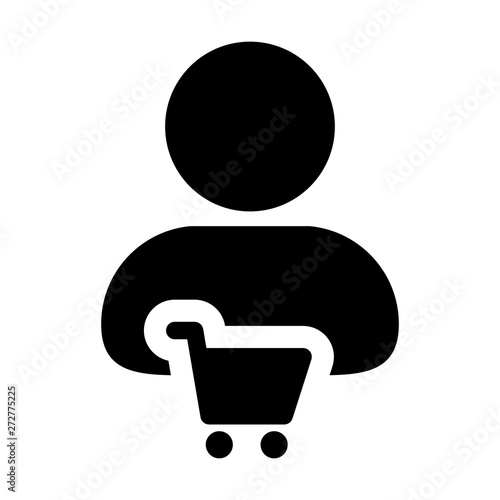 Purchase icon vector with male customer person profile avatar symbol for shopping in Glyph Pictogram illustration