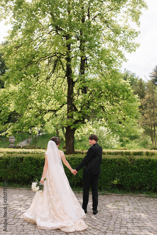 Groom and bride standing by the big tree in the park Groom and bride standing by the big tree in the park