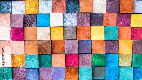 Canvastavla Wood aged art architecture texture abstract block stack on the wall for background, Abstract colorful wood texture for backdrop