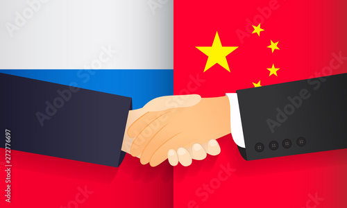 Cooperation between China and Russia vector illustration. Handshake with flags background.