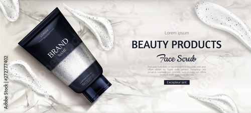 Cosmetic scrub bottle mockup, beauty cosmetics product for face care on marble background with cream smear brush strokes. Tube package design, promo template. Realistic 3d vector illustration, banner