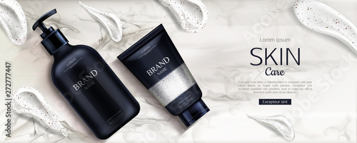 Cosmetics bottles skin care mockup, beauty product line with cream smear brush strokes on marble background. Cosmetic scrub and soap tubes packaging advertising promo design banner Realistic 3d vector