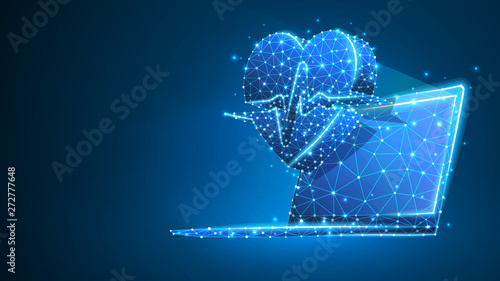 Laptop with Heart pulse line on notebook screen. Polygonal Internet treatment, computer care concept. Abstract, digital, wireframe low poly mesh vector blue neon 3d illustration. Triangle line dot