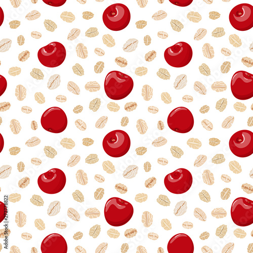 Seamless pattern with oat flakes and cherries on white. Vector seamless pattern, hand drawn illustration. Oat flakes and cherry background.