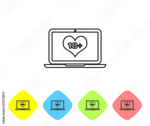 Grey line Laptop computer with 18 plus content heart icon on white background. Age restriction symbol. 18 plus content sign. Adult channel. Set icon in color rhombus buttons. Vector Illustration