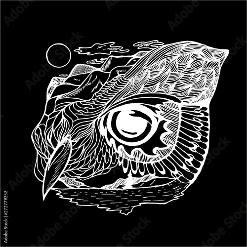 Black-white illustration of a psychedellic Owl, nature, mountains, sun, ornament. photo