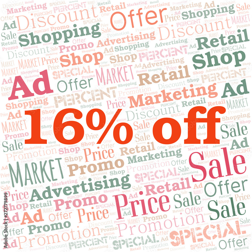 16% Off word cloud. Wordcloud made with text only.