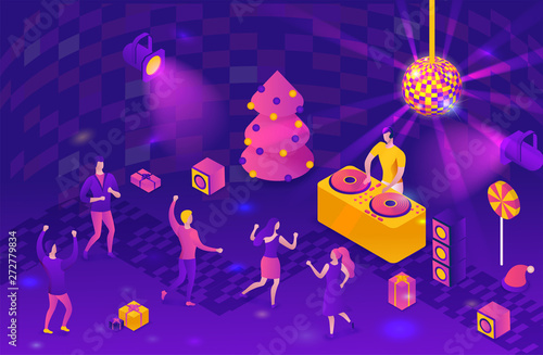 New year party 3d isometric illustration, dj playing club disco music, people dancing, christmas tree, present, holiday poster, night winter event vector concept, violet, yellow, pink colors