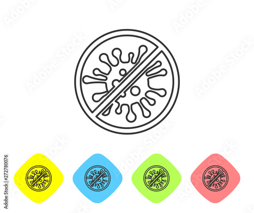 Grey line Stop virus, bacteria, germs and microbe icon isolated on white background. Antibacterial and antiviral defence, protection infection. Set icon in color rhombus buttons. Vector Illustration