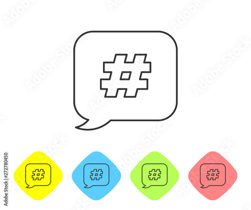 Grey line Hashtag speech bubble icon isolated on white background. Concept of number sign, social media marketing, micro blogging. Set icon in color rhombus buttons. Vector Illustration