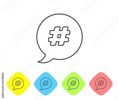 Grey line Hashtag speech bubble icon isolated on white background. Concept of number sign, social media marketing, micro blogging. Set icon in color rhombus buttons. Vector Illustration