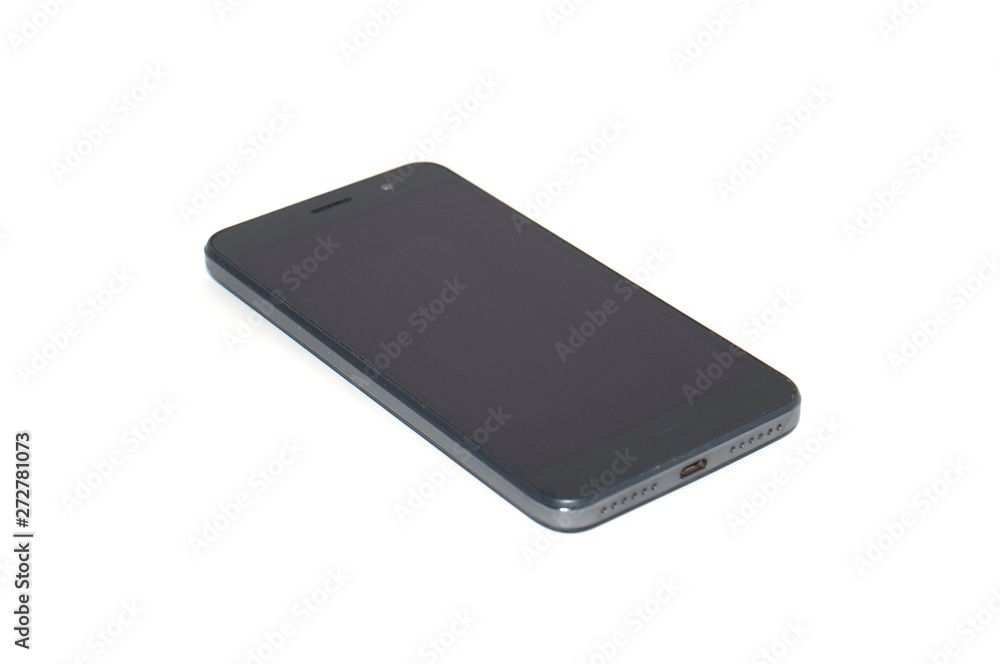 Gray smartphone on a white background with a place for text, side view Gray smartphone on a white background with a place for text, side view
