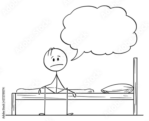 Vector cartoon stick figure drawing conceptual illustration of tired, frustrated, sad or depressed man sitting on bed and saying something with empty text balloon or bubble above.