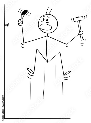 Vector cartoon stick figure drawing conceptual illustration of man who hit is finger or thumb while hammering, driving or knocking a nail.