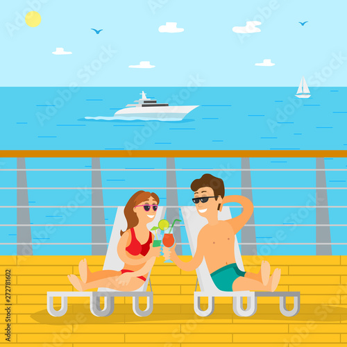 Summertime relaxation of couple by seascape vector. People on vacation woman and man drinking cocktails and talking, laying on chaise longue summer