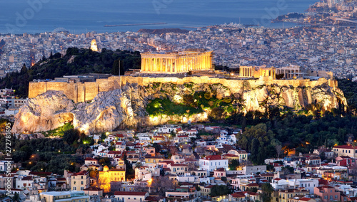 Athens skyline panorama with Acropolis in Greece from peak Lycabettus at night