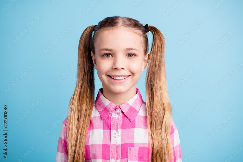 Close up photo beautiful amazing she her little lady pretty hairdress easy-going like studying school weekend vacation mood wear casual checkered plaid pink shirt isolated bright blue background Close up photo beautiful amazing she her little lady pretty hairdress easy-going like studying school weekend vacation mood wear casual checkered plaid pink shirt isolated bright blue background