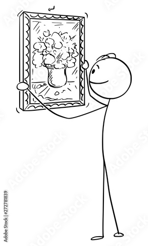 Vector cartoon stick figure drawing conceptual illustration of man hanging painting of flowers in vase painted on canvas on wall in interior.