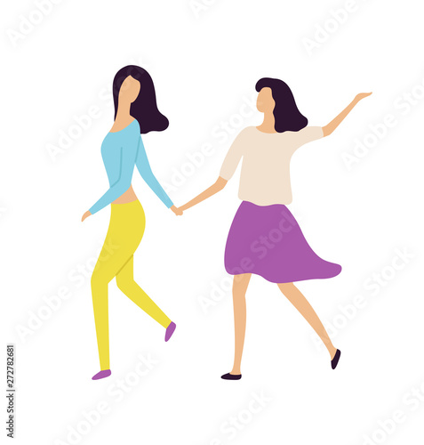 Women holding each other hands, portrait and full length view of moving girls, female characters dancing, people movement, dancer hen-party vector
